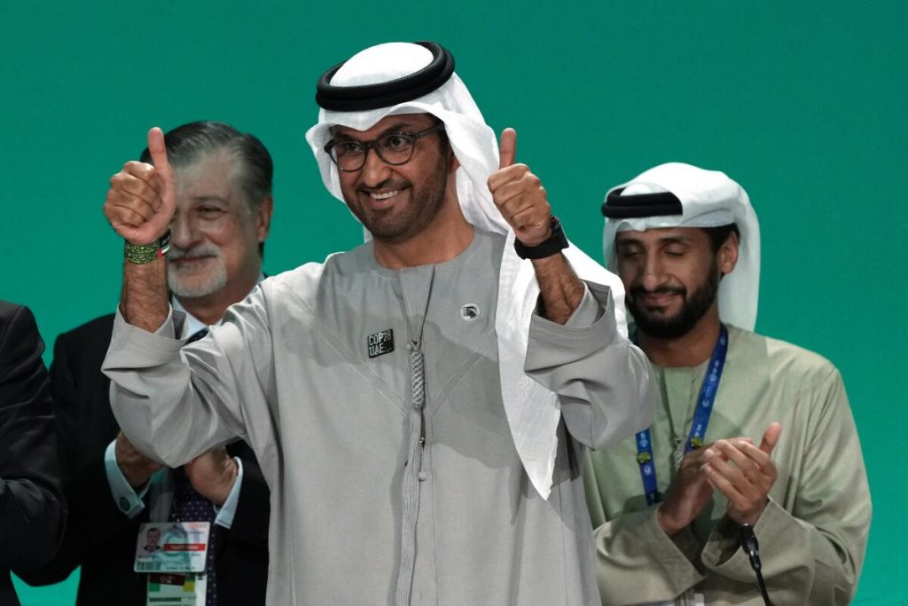 COP28 President Sultan Al Jaber gestures at the end of the summit (AP Photo/Kamran Jebreili).