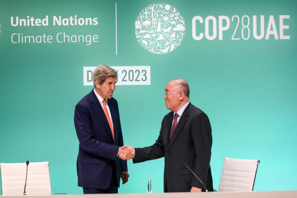 John Kerry, U.S. Special Presidential Envoy for Climate, and his Chinese counterpart Xie Zhenhua give a joint news conference (Photo by Fadel Dawod/Getty Images)