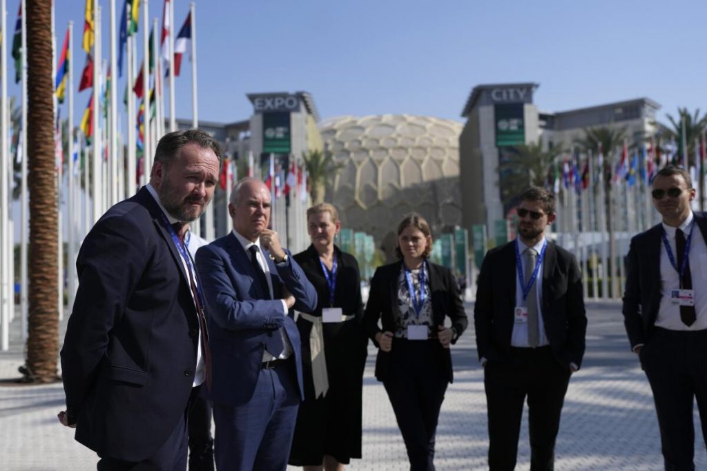 Denmark's Minister for Climate Dan Jorgensen speaks near Al Wasl Dome at Expo City (AP Photo/Rafiq Maqbool).