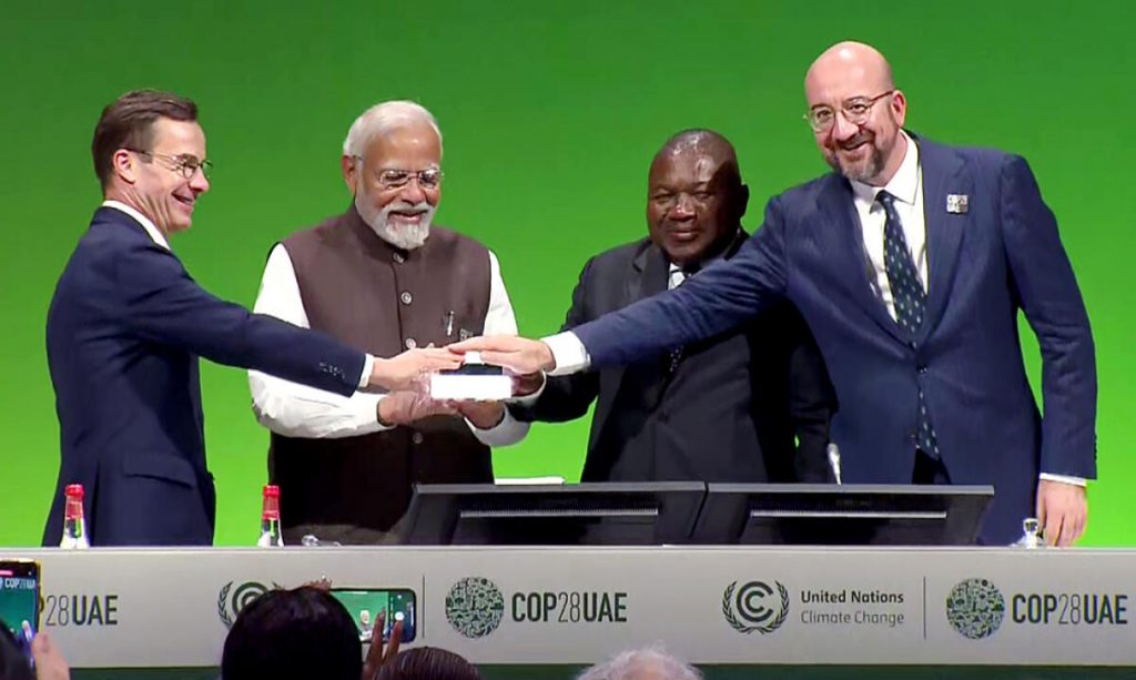 India’s PM Narendra Modi, along with Sweden’s PM Ulf Kristersson, Mozambique’s President Filipe Jacinto Nyusi and European Council President Charles Michel, launches the web portal of the Green Credits Programme (ANI Photo)